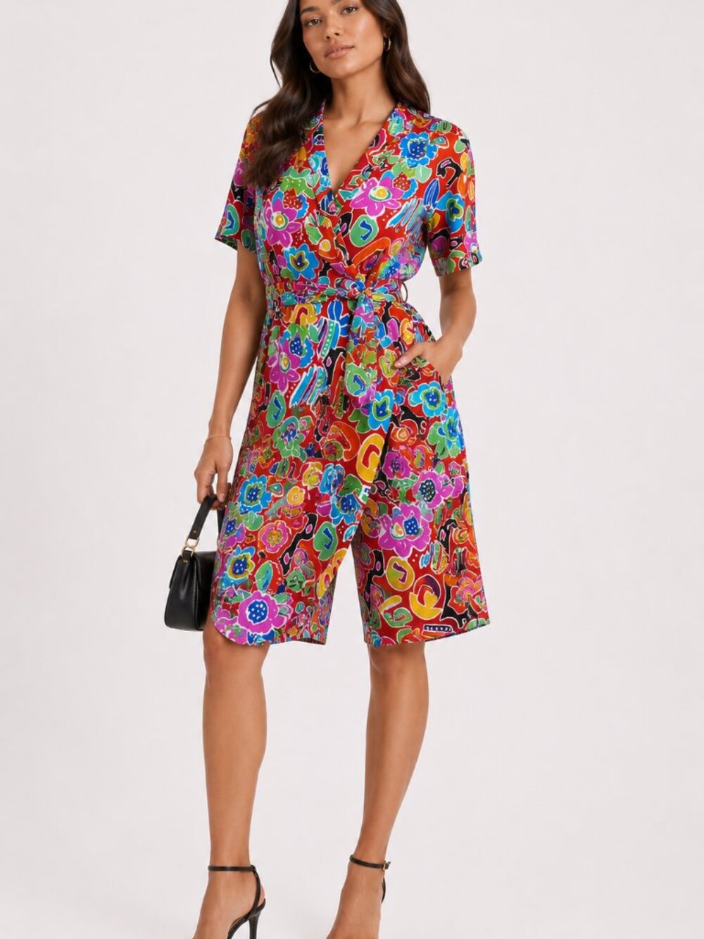 Vintage 80s Pia Rucci Silk Wrap Romper Short Sleeve Multicolor Shorts M/L